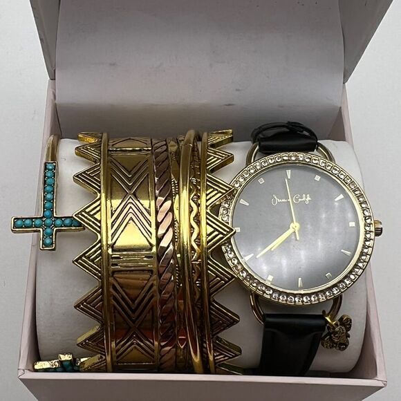 Jessica Carlyle Gold-Tone Black Strap Analog Watch & Bracelets New - Picture 3 of 6